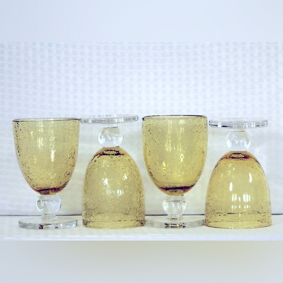 Yellow Bubble Glass Goblets 10oz Hand Blown Glasses with Ball Knob Set of 4